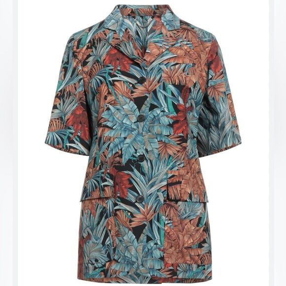 SALVATORE FERRAGAMO Wool and Mohair Floral Leaves Jungle Short Sleeve Blazer